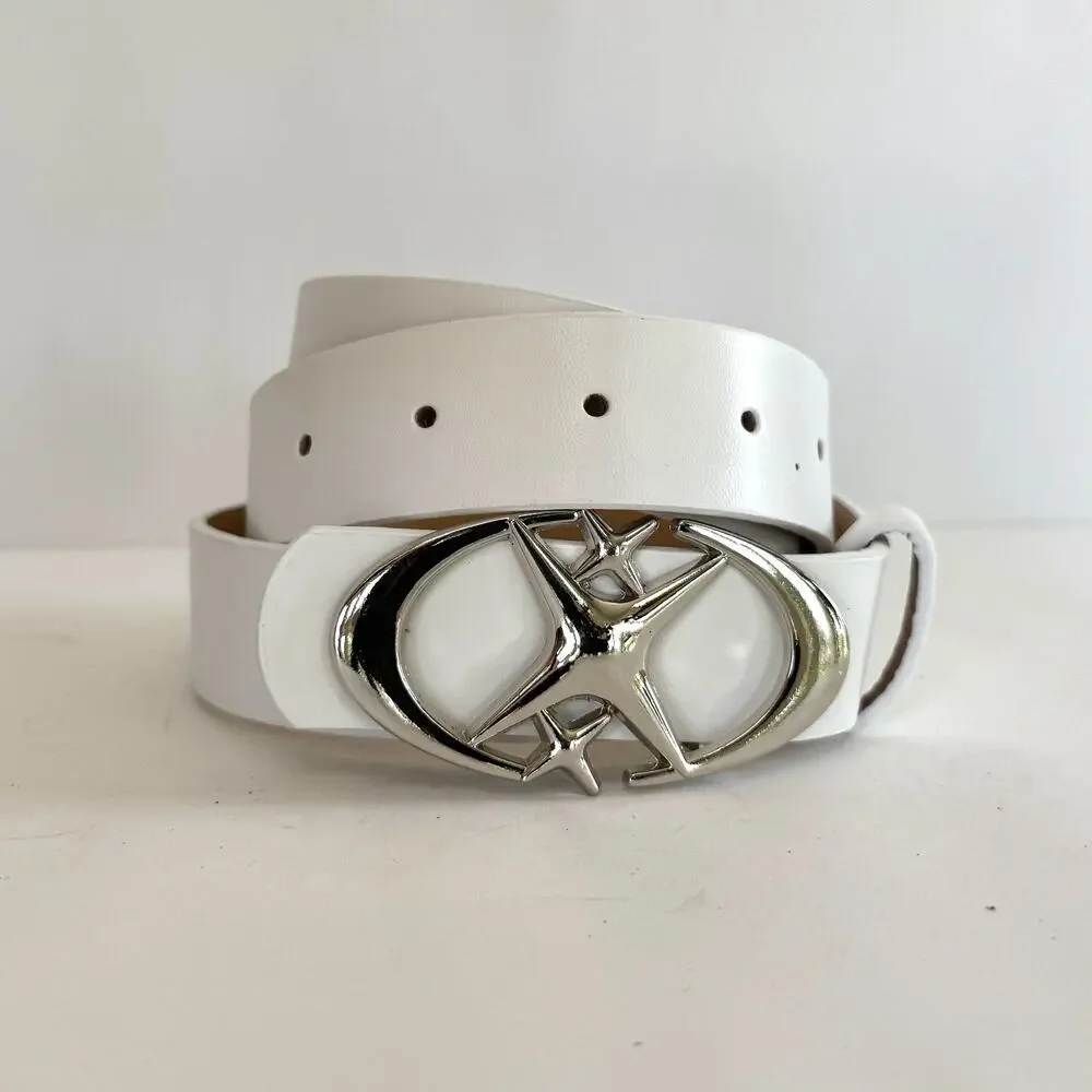 2000s White Silver Star Belt Adjustable Fits 26-34 Unisex Y2K Streetwear